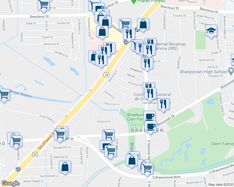 map of restaurants, bars, coffee shops, grocery stores, and more near 8811 Shadow Crest Street in Houston