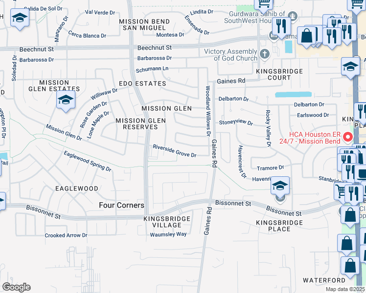 map of restaurants, bars, coffee shops, grocery stores, and more near 15507 Wildwood Glen Drive in Houston