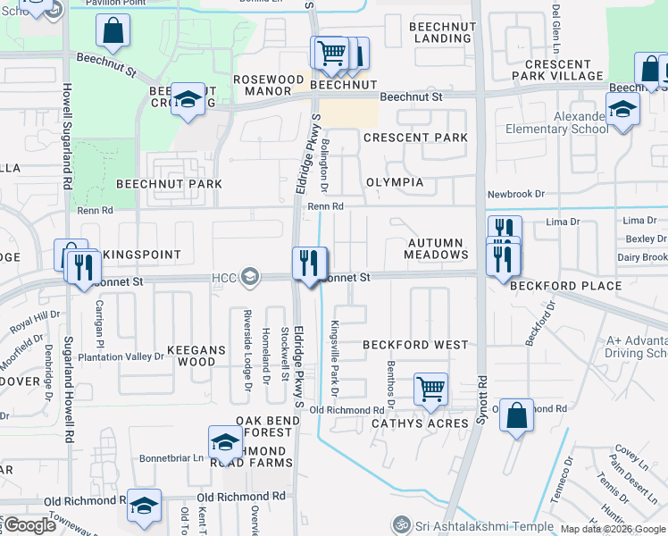 map of restaurants, bars, coffee shops, grocery stores, and more near 14939 Willow Wind Lane in Houston