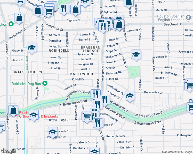 map of restaurants, bars, coffee shops, grocery stores, and more near 5816 Birdwood Road in Houston