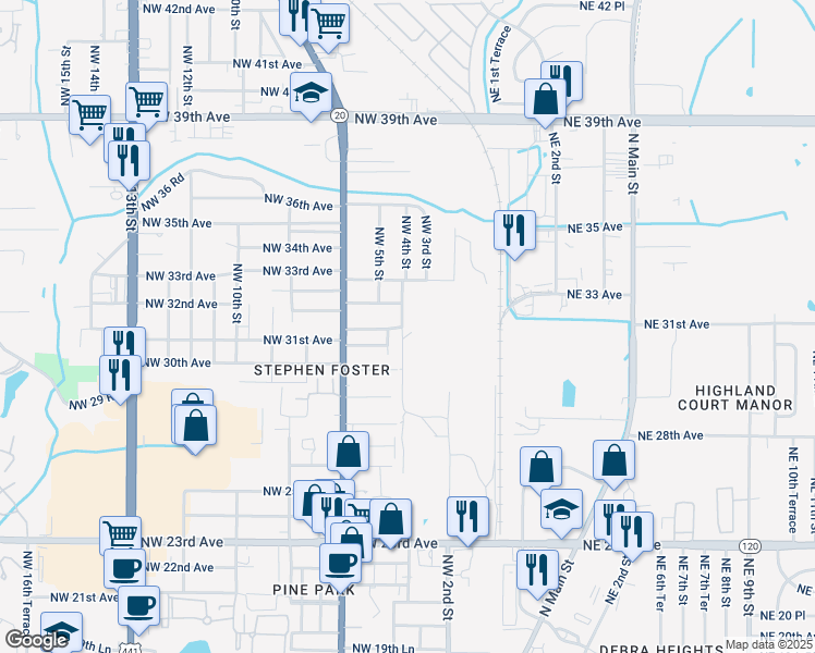 map of restaurants, bars, coffee shops, grocery stores, and more near 3119 Northwest 4th Street in Gainesville