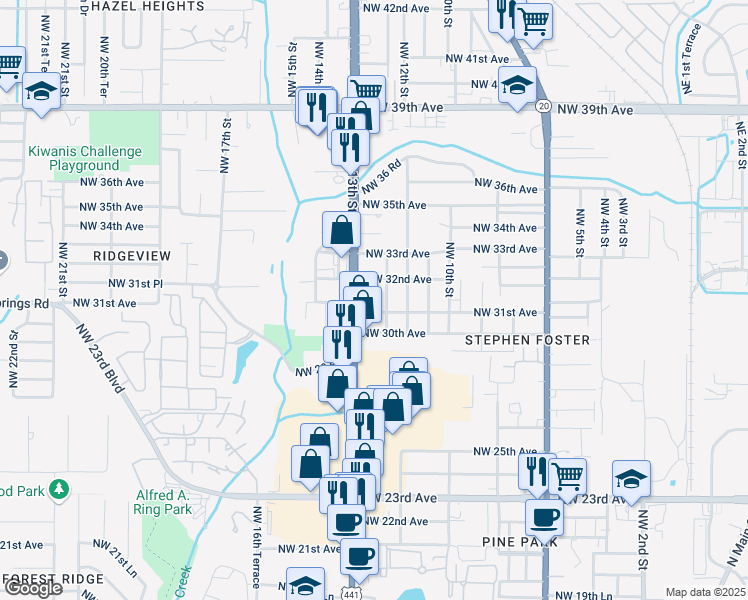 map of restaurants, bars, coffee shops, grocery stores, and more near 3178 Northwest 12th Terrace in Gainesville