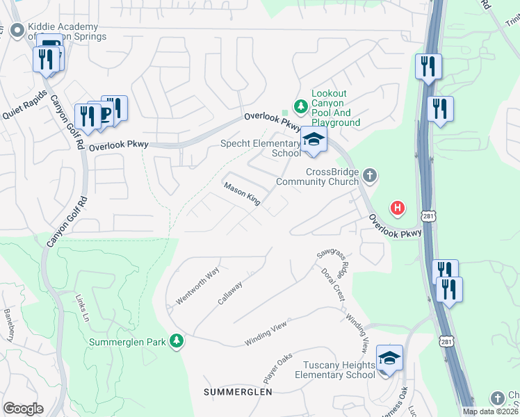map of restaurants, bars, coffee shops, grocery stores, and more near 1704 Mason King in San Antonio