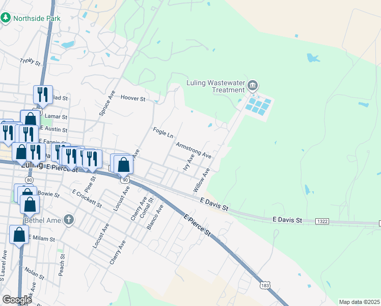 map of restaurants, bars, coffee shops, grocery stores, and more near 324 Ivy Avenue in Luling