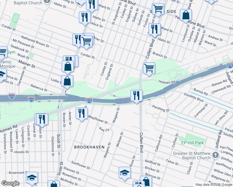 map of restaurants, bars, coffee shops, grocery stores, and more near 4306 Holmes Road in Houston