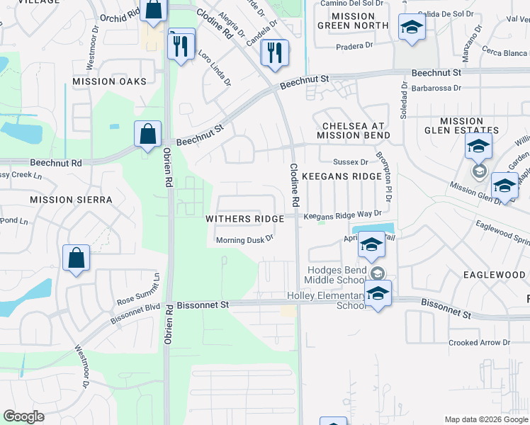 map of restaurants, bars, coffee shops, grocery stores, and more near 16911 Midnight Sun Lane in Richmond