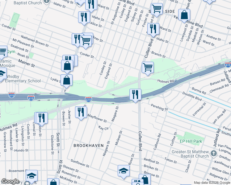 map of restaurants, bars, coffee shops, grocery stores, and more near 4306 Holmes Road in Houston