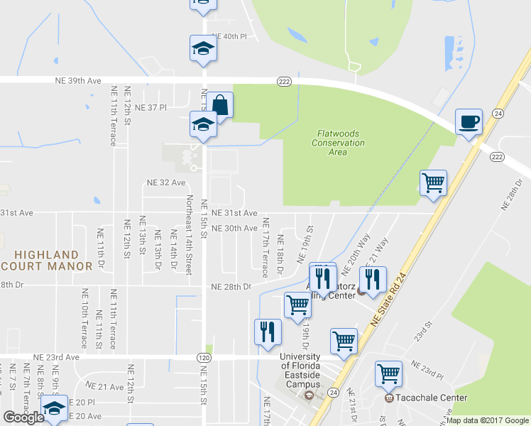 map of restaurants, bars, coffee shops, grocery stores, and more near 3098 Northeast 17th Terrace in Gainesville