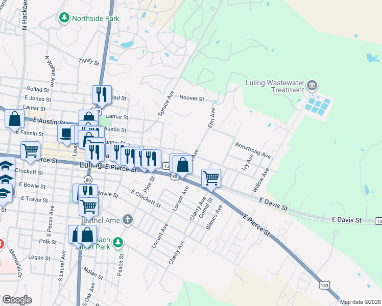 map of restaurants, bars, coffee shops, grocery stores, and more near 1103 East Fannin Street in Luling