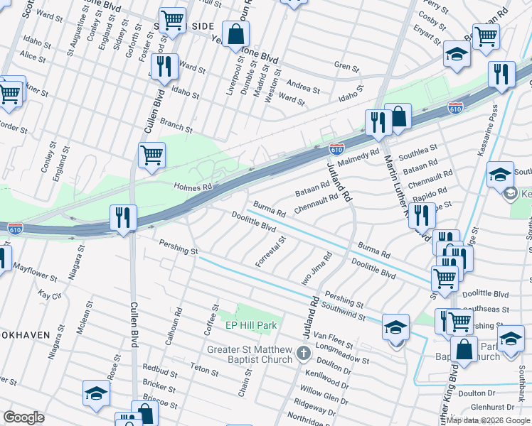 map of restaurants, bars, coffee shops, grocery stores, and more near 4905 Bataan Road in Houston