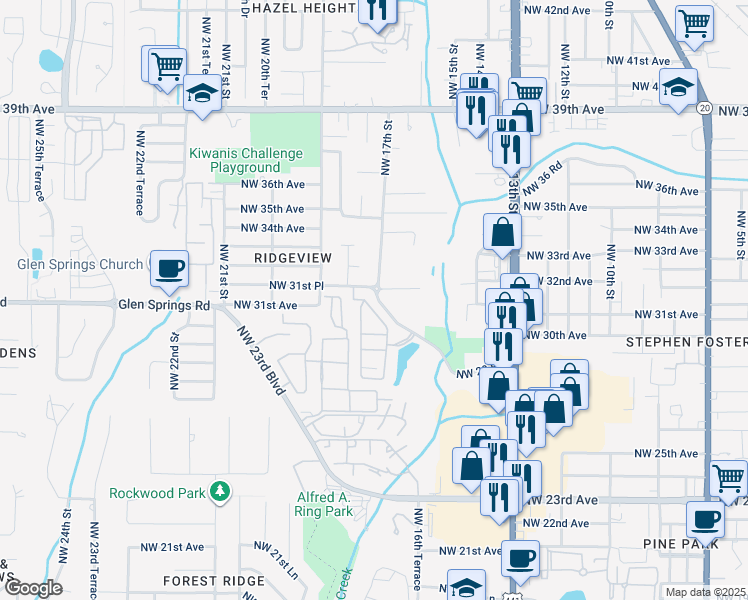 map of restaurants, bars, coffee shops, grocery stores, and more near 1712 Northwest 31st Place in Gainesville