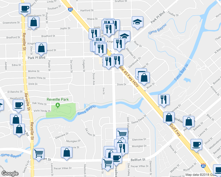 map of restaurants, bars, coffee shops, grocery stores, and more near 4045 Erie Street in Houston