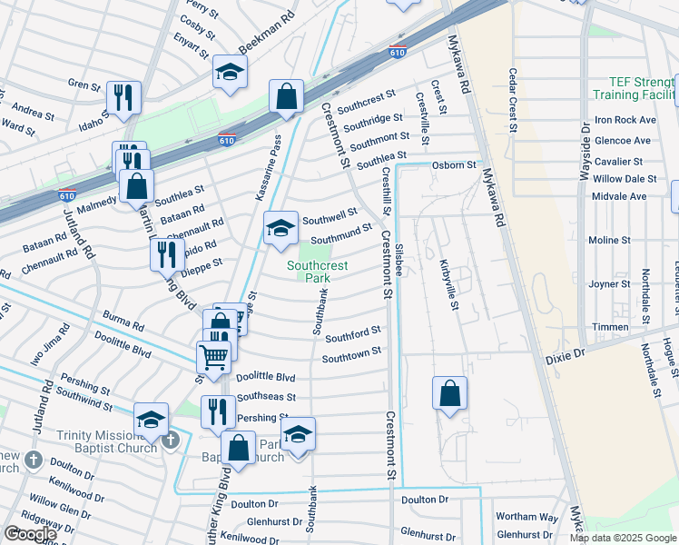 map of restaurants, bars, coffee shops, grocery stores, and more near 5910 Southlark Street in Houston
