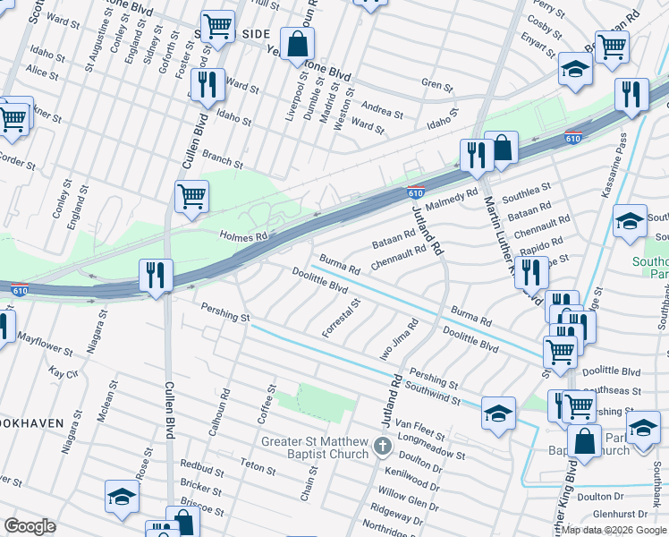 map of restaurants, bars, coffee shops, grocery stores, and more near 4905 Bataan Road in Houston