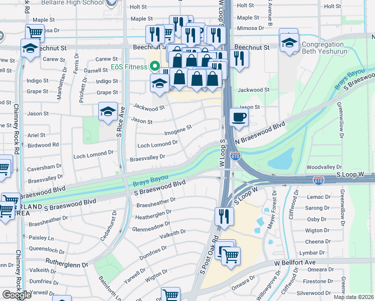 map of restaurants, bars, coffee shops, grocery stores, and more near 4903 Loch Lomond Drive in Houston