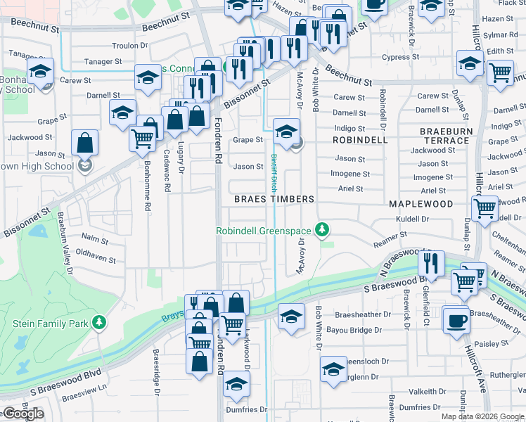 map of restaurants, bars, coffee shops, grocery stores, and more near 6518 Birdwood Road in Houston