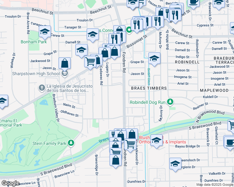 map of restaurants, bars, coffee shops, grocery stores, and more near 8900 Fondren Road in Houston