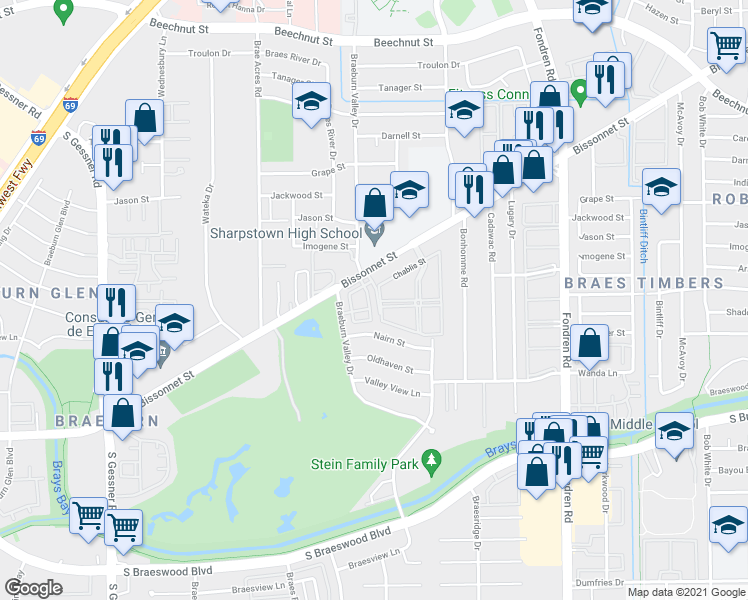 map of restaurants, bars, coffee shops, grocery stores, and more near 7805 Rue Saint Cyr Street in Houston