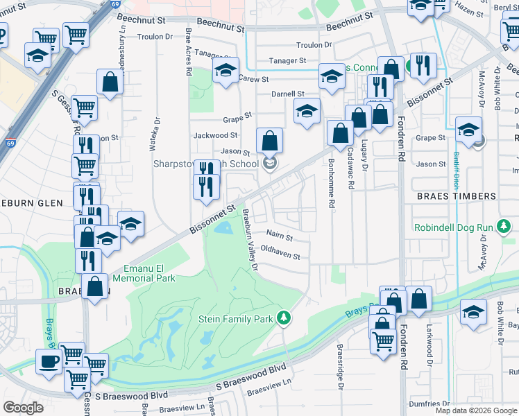 map of restaurants, bars, coffee shops, grocery stores, and more near 7805 Rue Saint Cyr Street in Houston