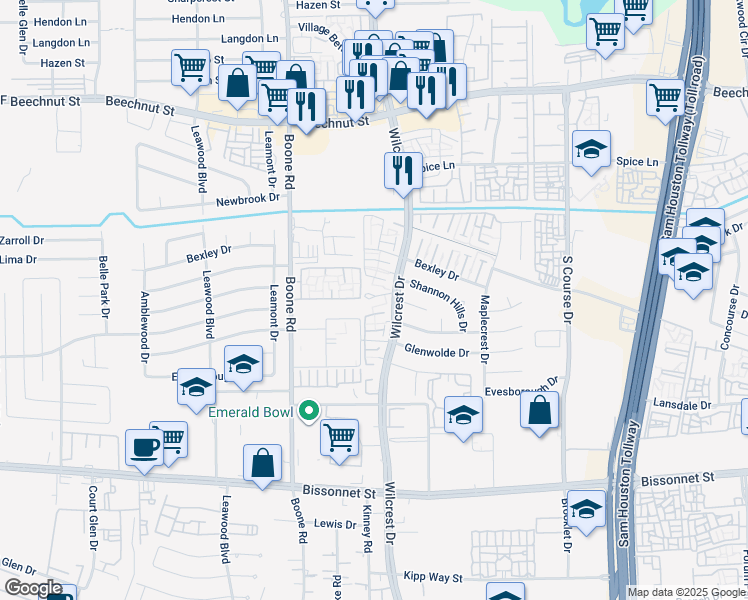map of restaurants, bars, coffee shops, grocery stores, and more near 8816 Wilcrest Drive in Houston