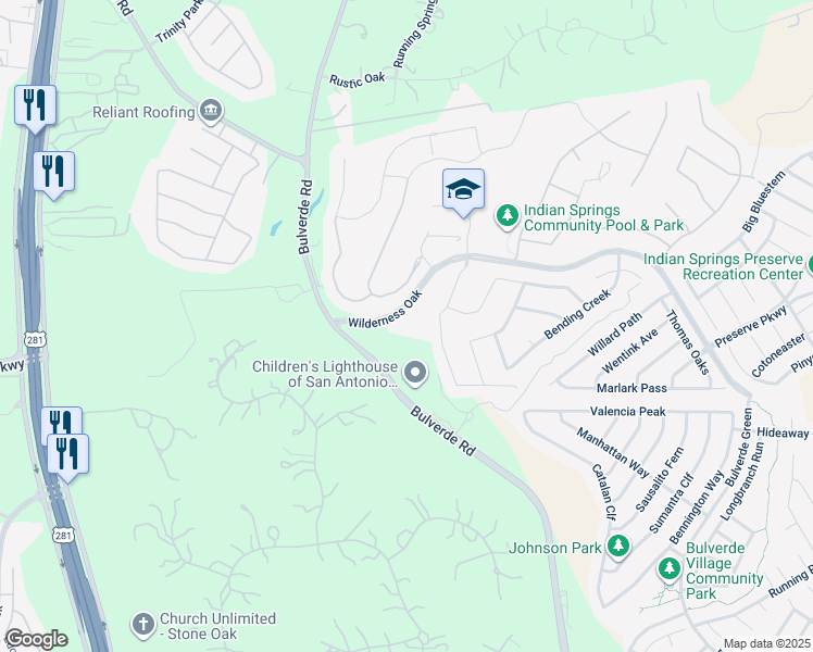 map of restaurants, bars, coffee shops, grocery stores, and more near 2631 Running Fawn in San Antonio