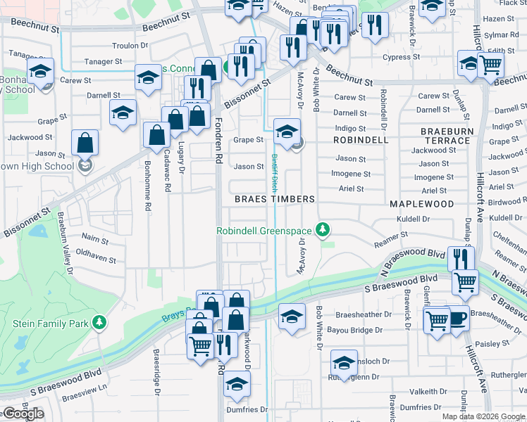 map of restaurants, bars, coffee shops, grocery stores, and more near 6518 Birdwood Road in Houston