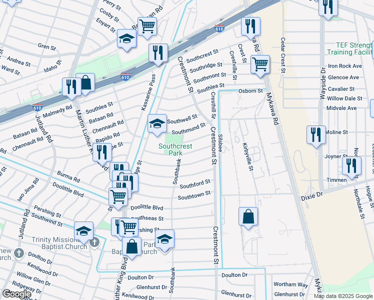 map of restaurants, bars, coffee shops, grocery stores, and more near 5910 Southlark Street in Houston