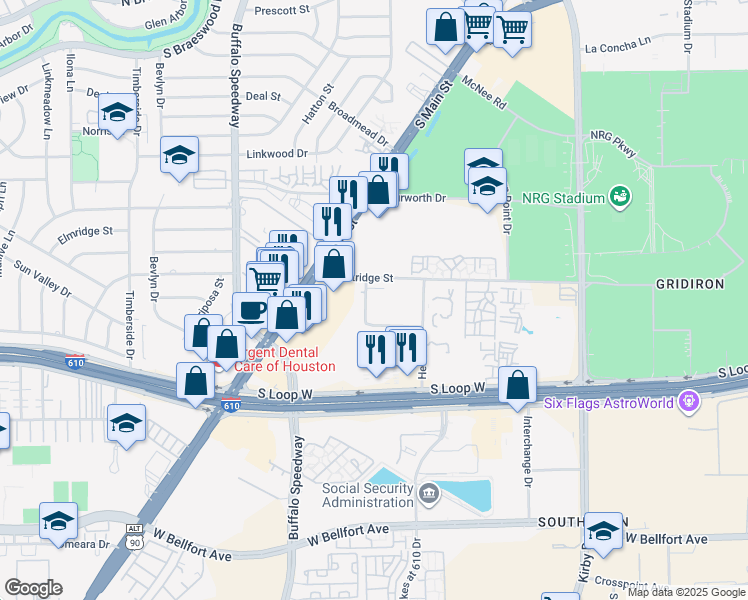 map of restaurants, bars, coffee shops, grocery stores, and more near 2832 South Bartell Drive in Houston