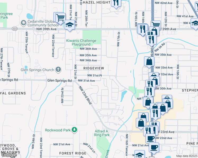 map of restaurants, bars, coffee shops, grocery stores, and more near 2701 Northwest 23rd Boulevard in Gainesville