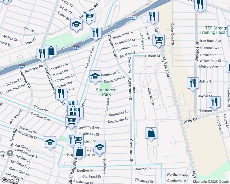 map of restaurants, bars, coffee shops, grocery stores, and more near 5910 Southlark Street in Houston