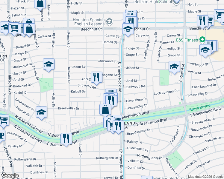 map of restaurants, bars, coffee shops, grocery stores, and more near 8900 Chimney Rock Road in Houston