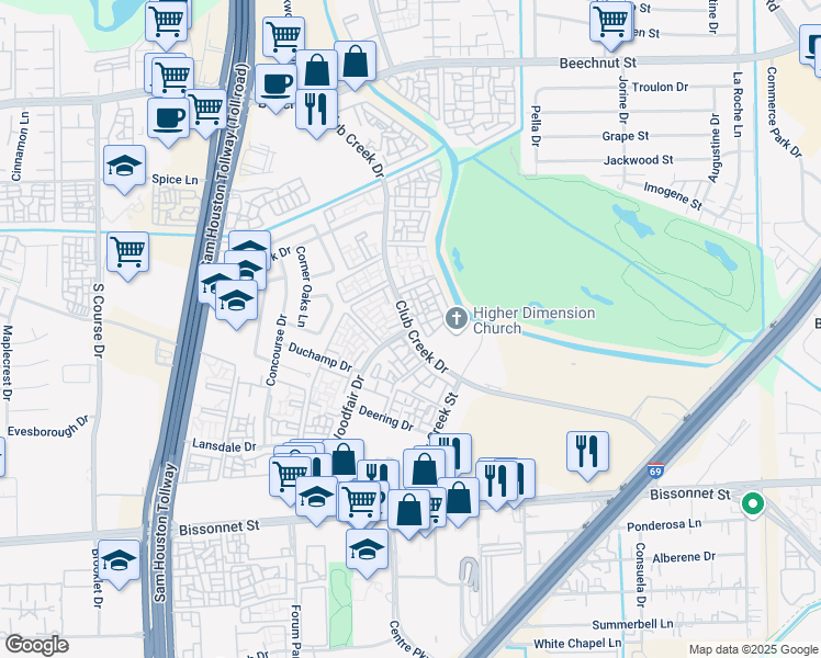 map of restaurants, bars, coffee shops, grocery stores, and more near Club Creek Dr & Woodfair Dr in Houston