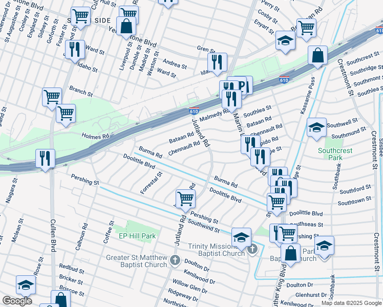 map of restaurants, bars, coffee shops, grocery stores, and more near 5006 Chennault Road in Houston