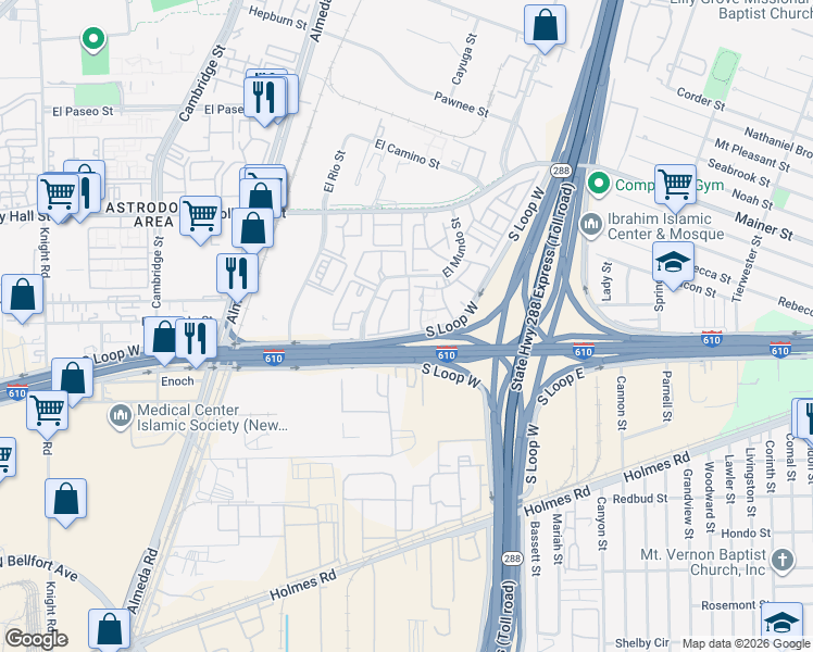 map of restaurants, bars, coffee shops, grocery stores, and more near 8383 El Mundo Street in Houston