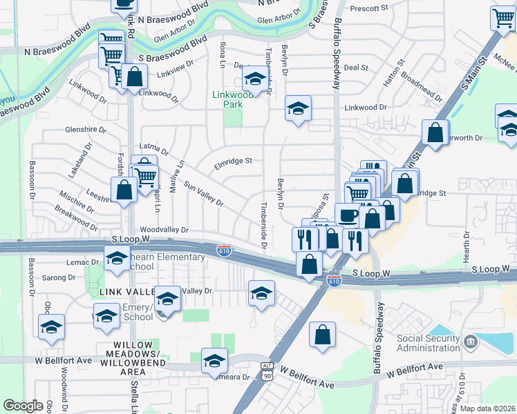 map of restaurants, bars, coffee shops, grocery stores, and more near 9207 Timberside Drive in Houston