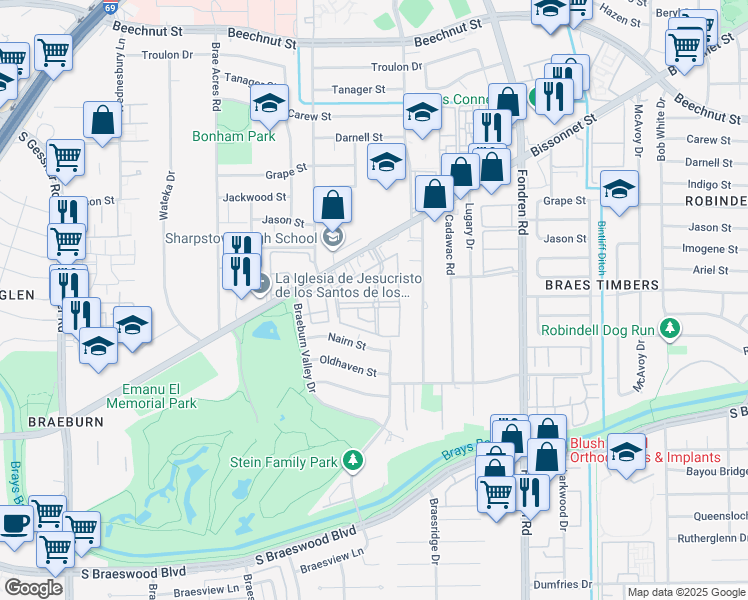 map of restaurants, bars, coffee shops, grocery stores, and more near 7575 Bissonnet Street in Houston