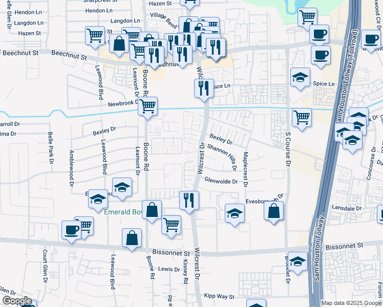 map of restaurants, bars, coffee shops, grocery stores, and more near 8816 Wilcrest Drive in Houston
