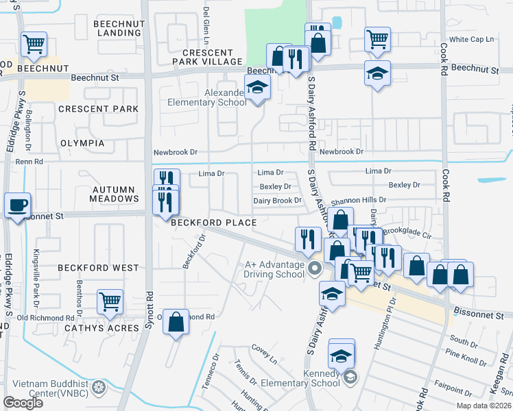 map of restaurants, bars, coffee shops, grocery stores, and more near 12814 Dairy Brook Drive in Houston
