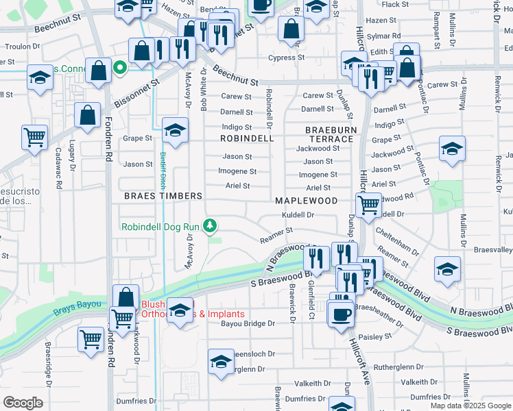 map of restaurants, bars, coffee shops, grocery stores, and more near 6120 Birdwood Road in Houston