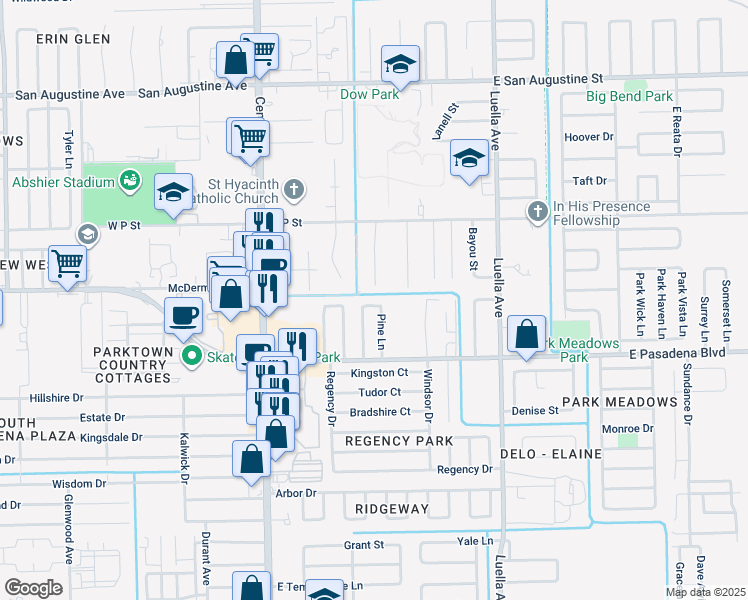 map of restaurants, bars, coffee shops, grocery stores, and more near 3209 Abby Lane in Deer Park