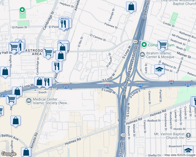 map of restaurants, bars, coffee shops, grocery stores, and more near 8383 El Mundo Street in Houston