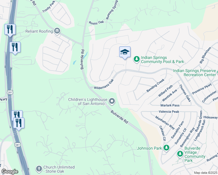 map of restaurants, bars, coffee shops, grocery stores, and more near 25690 Wilderness Oak in San Antonio