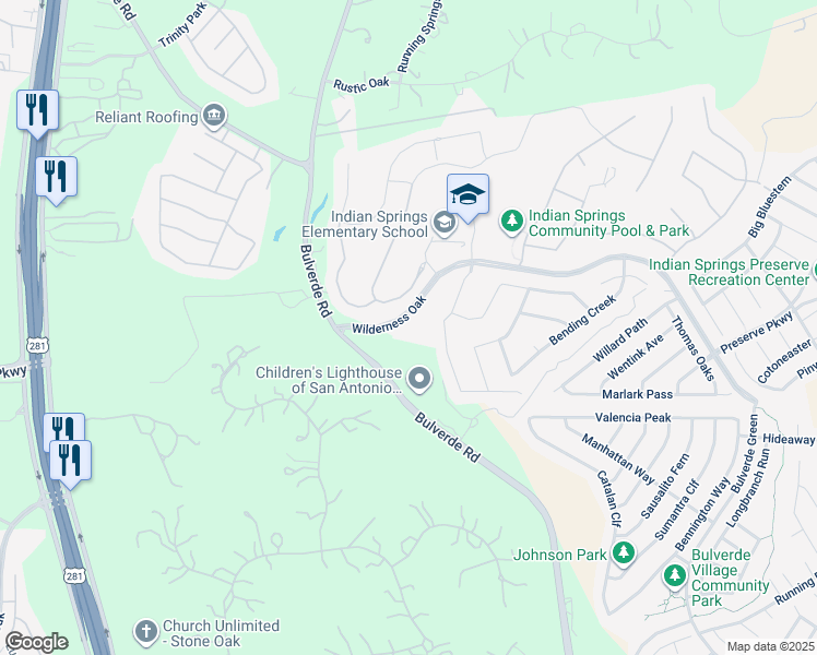map of restaurants, bars, coffee shops, grocery stores, and more near 25690 Wilderness Oak in San Antonio