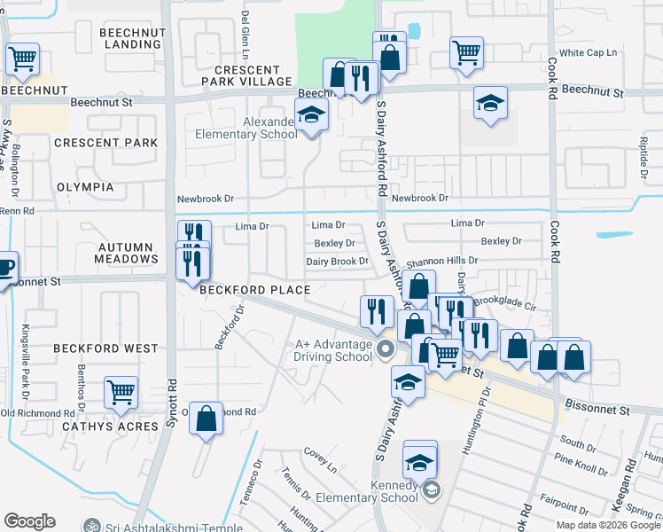 map of restaurants, bars, coffee shops, grocery stores, and more near 12814 Dairy Brook Drive in Houston