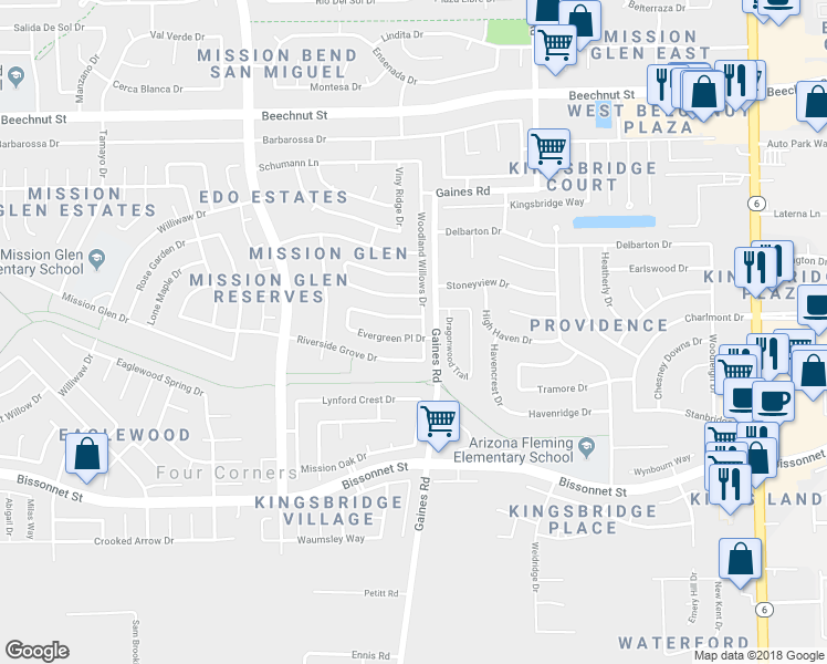 map of restaurants, bars, coffee shops, grocery stores, and more near 15306 Evergreen Place Drive in Houston