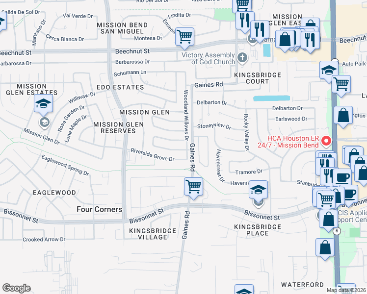 map of restaurants, bars, coffee shops, grocery stores, and more near 15306 Evergreen Place Drive in Houston