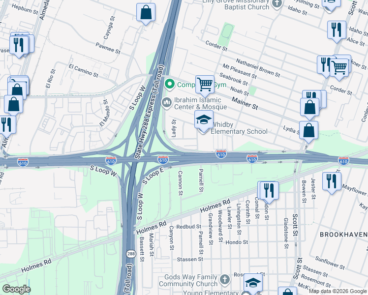 map of restaurants, bars, coffee shops, grocery stores, and more near 3414 Saint Benedict Street in Houston
