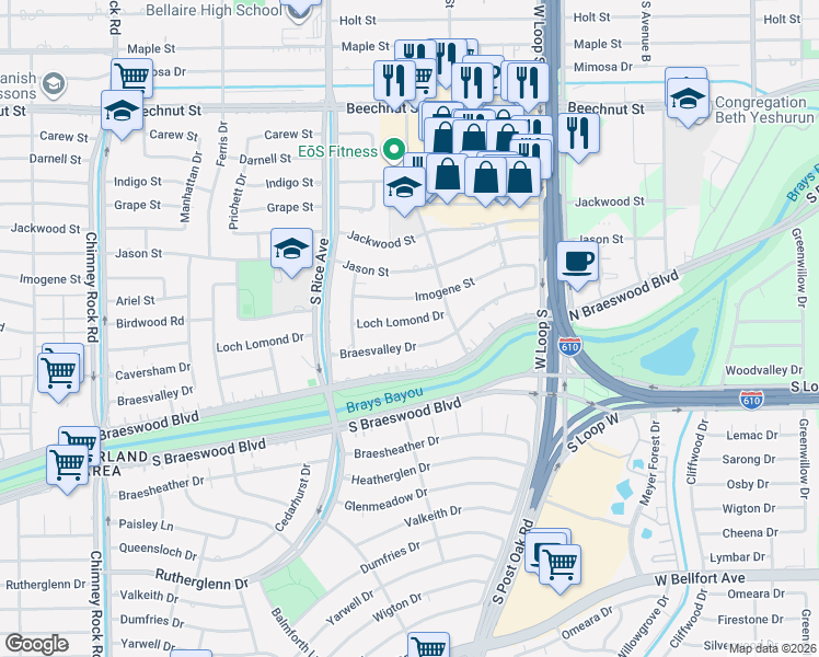 map of restaurants, bars, coffee shops, grocery stores, and more near 4922 Loch Lomond Drive in Houston