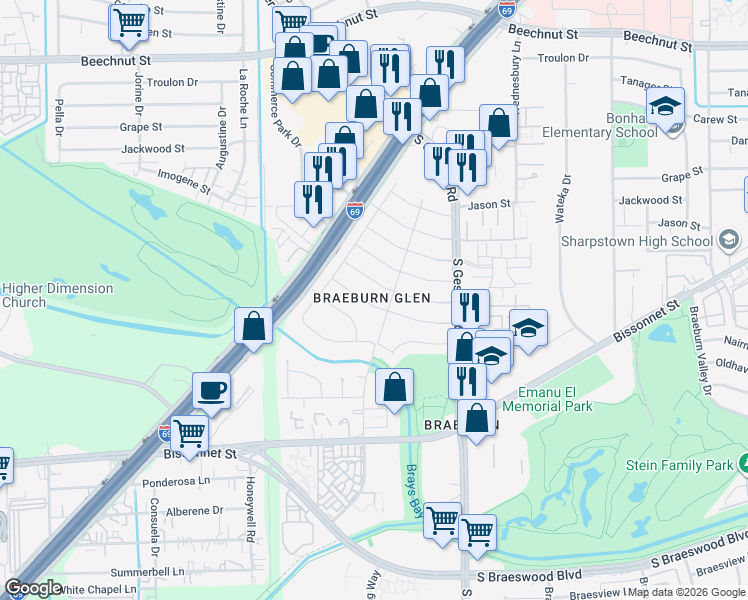 map of restaurants, bars, coffee shops, grocery stores, and more near 8811 Shadow Crest Street in Houston