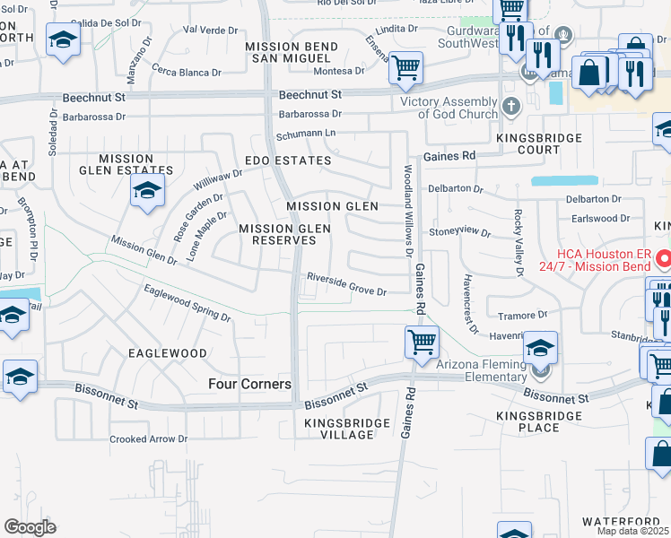 map of restaurants, bars, coffee shops, grocery stores, and more near 15507 Wildwood Glen Drive in Houston